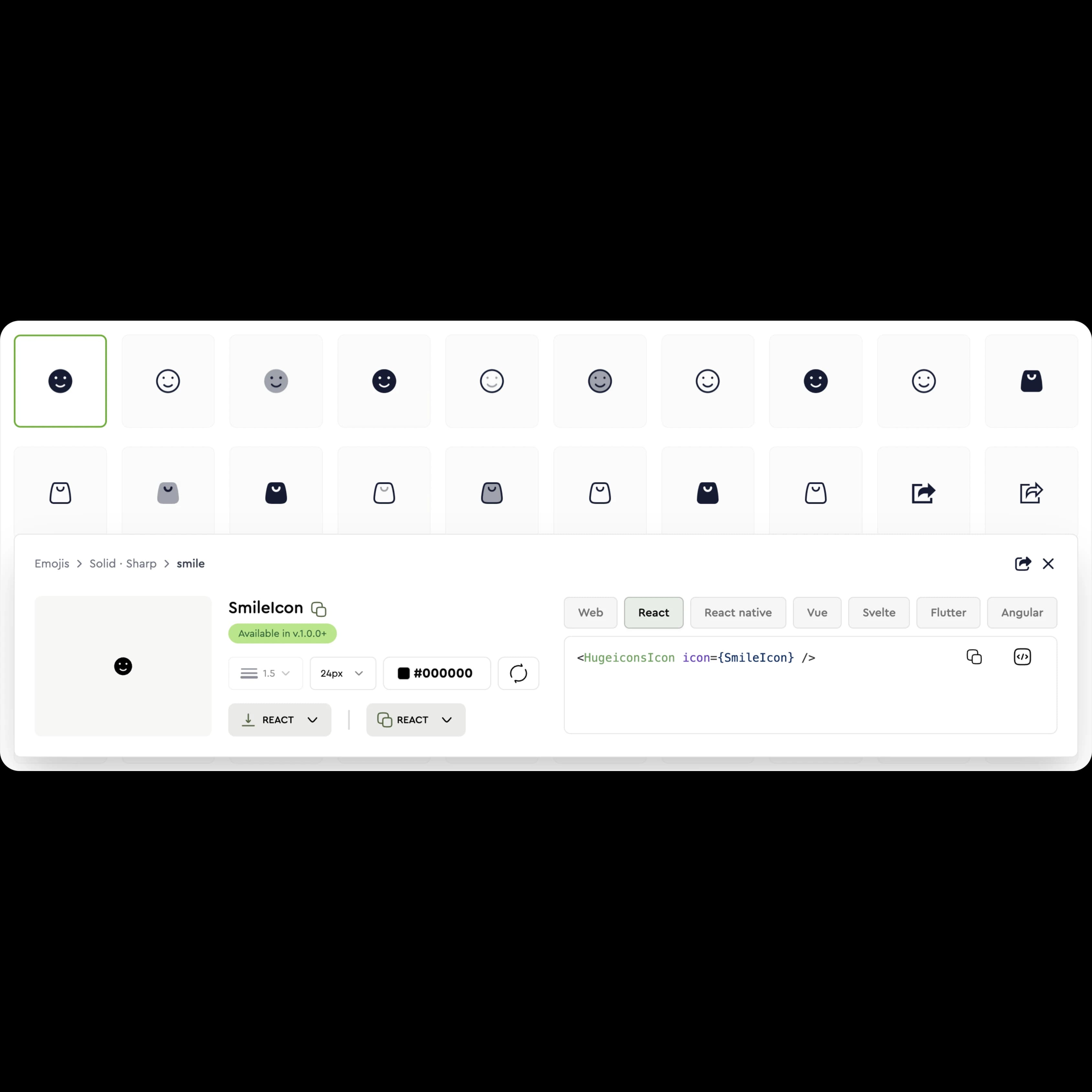 Hugeicons Pro React icons download interface showing icon search, selection and code export